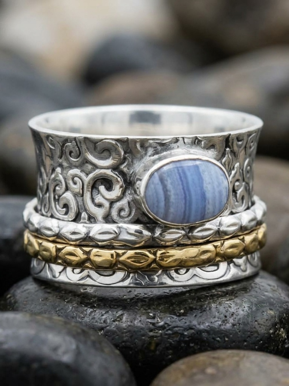 NWOT Blue Lace Agate Spinner Ring